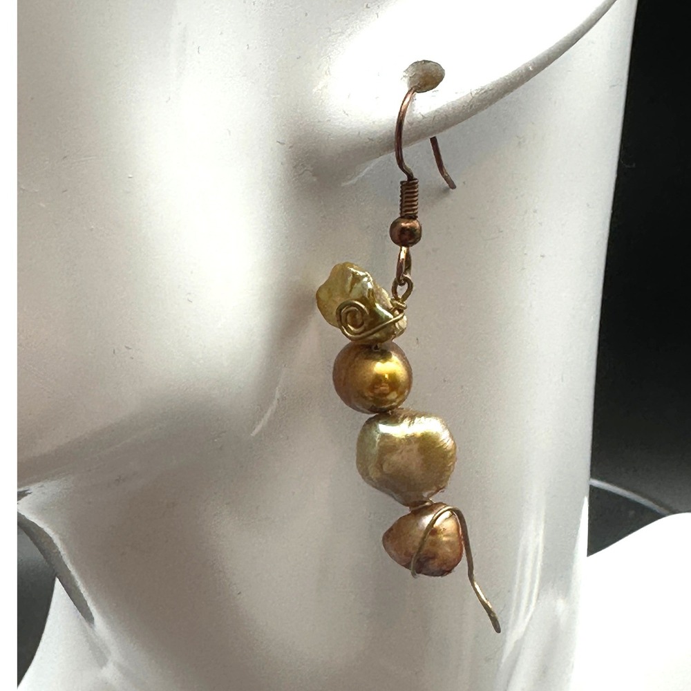 Handmade Artisan Bronze Freshwater Pearl Gold Tone Wire Wrapped Drop Earrings